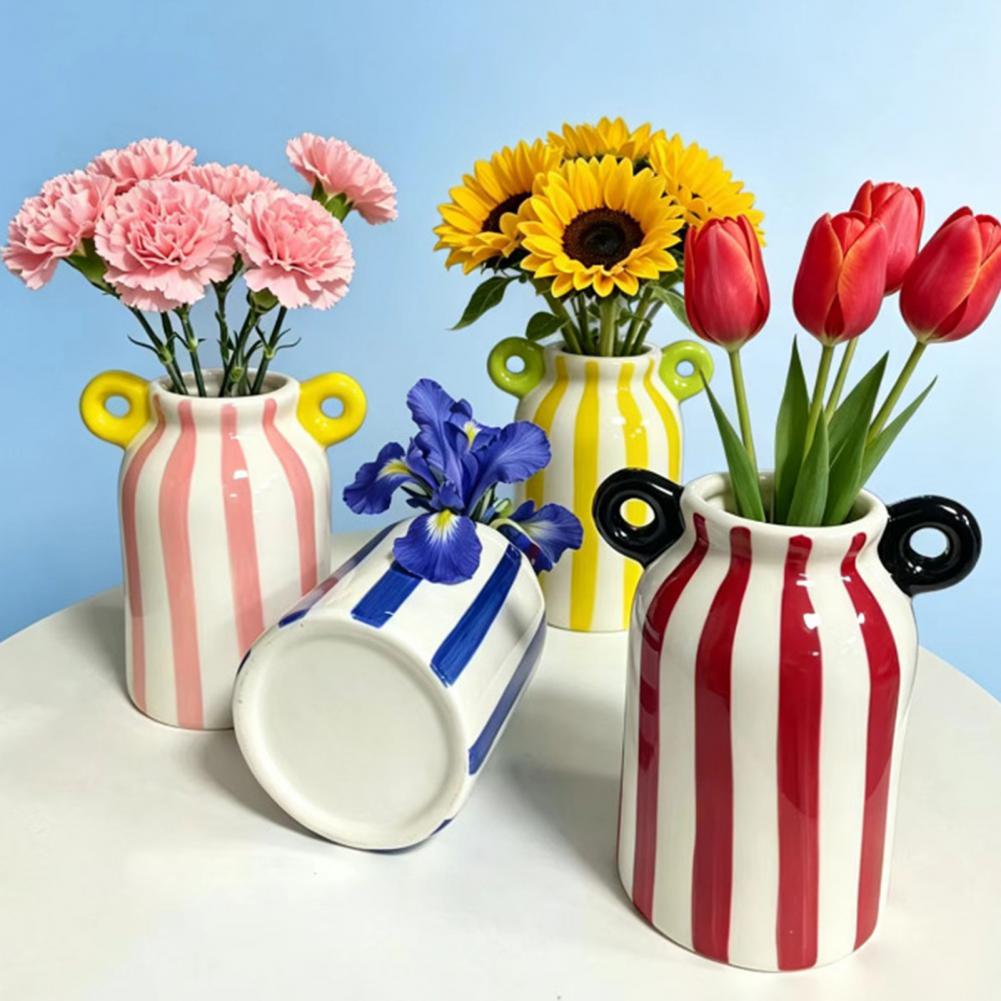 Pampas Grass Decor - Ceramic Striped Flower Vase with Dual